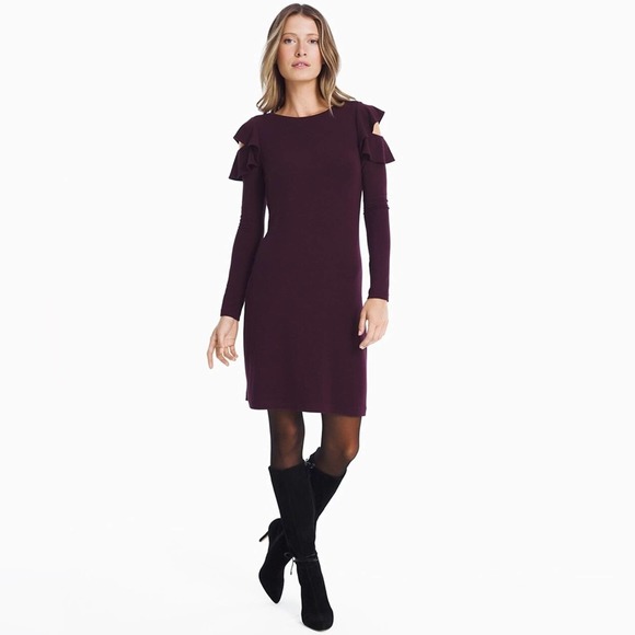 WHBM Long Sleeve Ruffle Cold Shoulder Sheath Dress Women’s Size XS NEW Cabernet - Picture 2 of 9